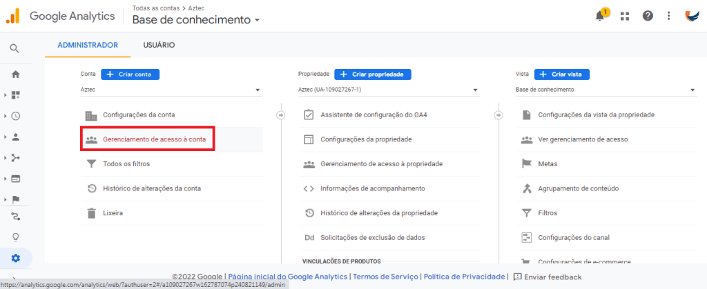 gerenciamento de acesso à conta analytics