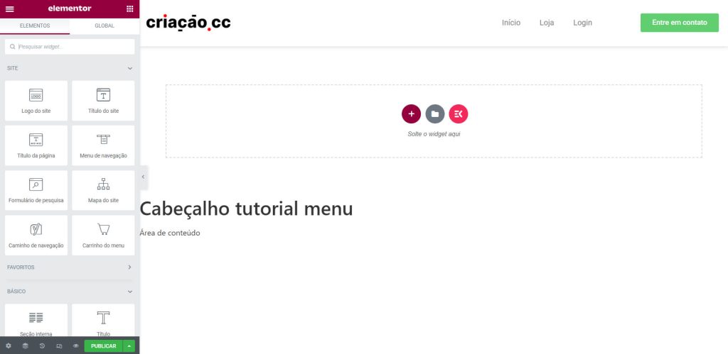 Captura de tela exibe a área de edição do cabeçalho e do menu dentro do painel do Elementor.