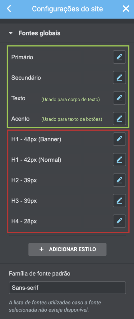 exemplo de configurações de fontes globais mostrando estilos padrão e os que criamos