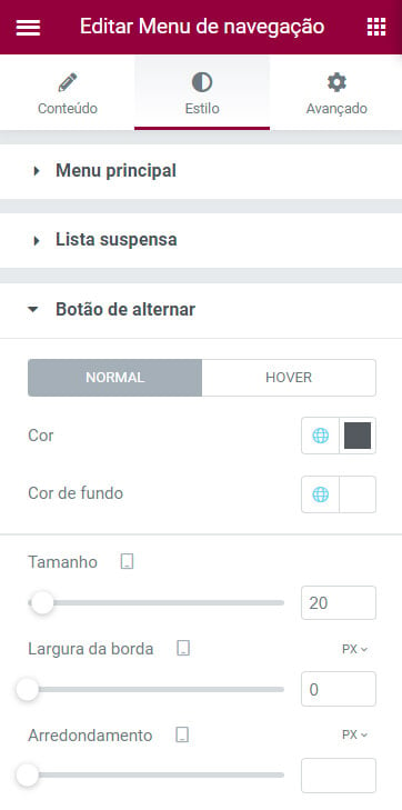 Captura de tela mostra as opções de configuração do estilo do botão de alternar.