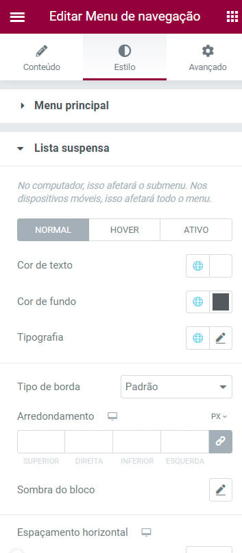 Captura de tela mostra as opções de configuração do estilo da lista suspensa.