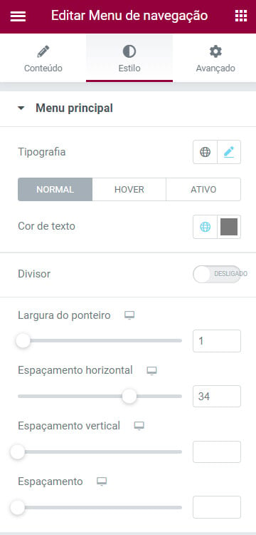 Captura de tela mostra as opções de configuração do estilo do menu principal.