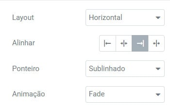 Captura de tela exibe os campos de seleção de layout, ponteiro, alinhar e animação.