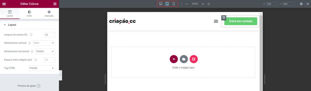 área de edição das colunas no Elementor