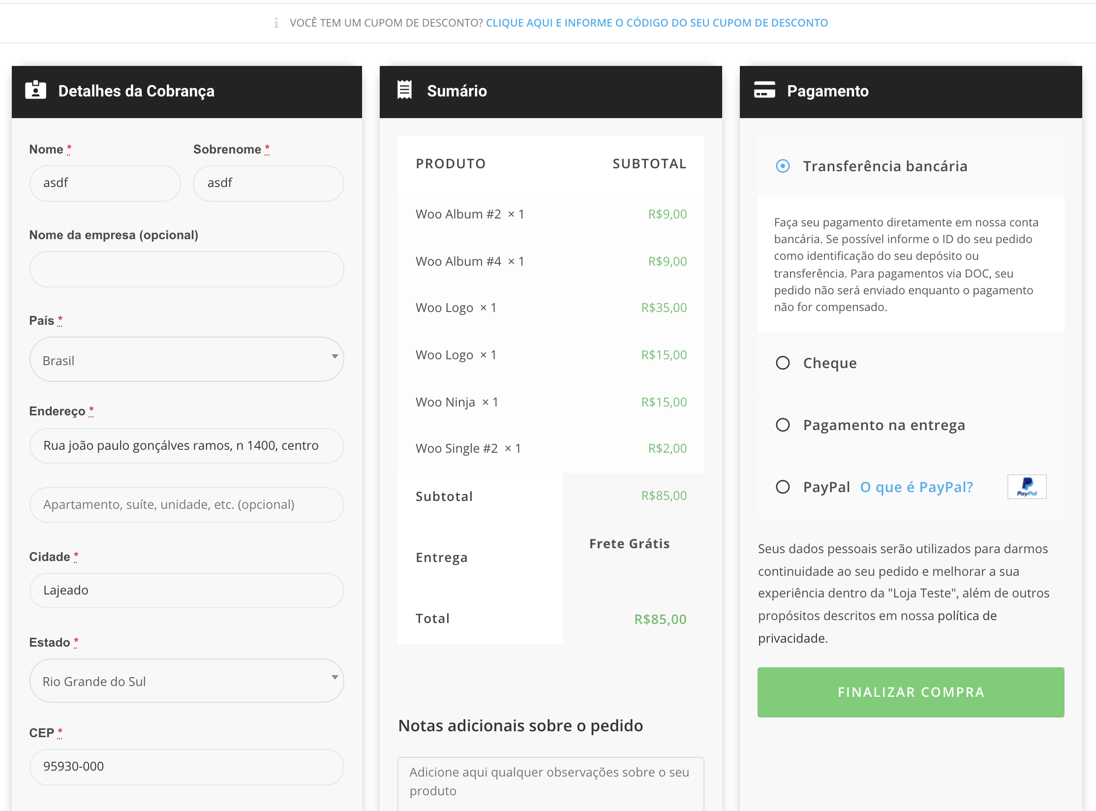 exemplo de layout de edição da página de checkout