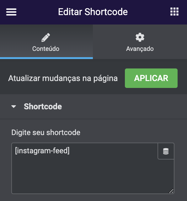 widget de shortcode preenchido