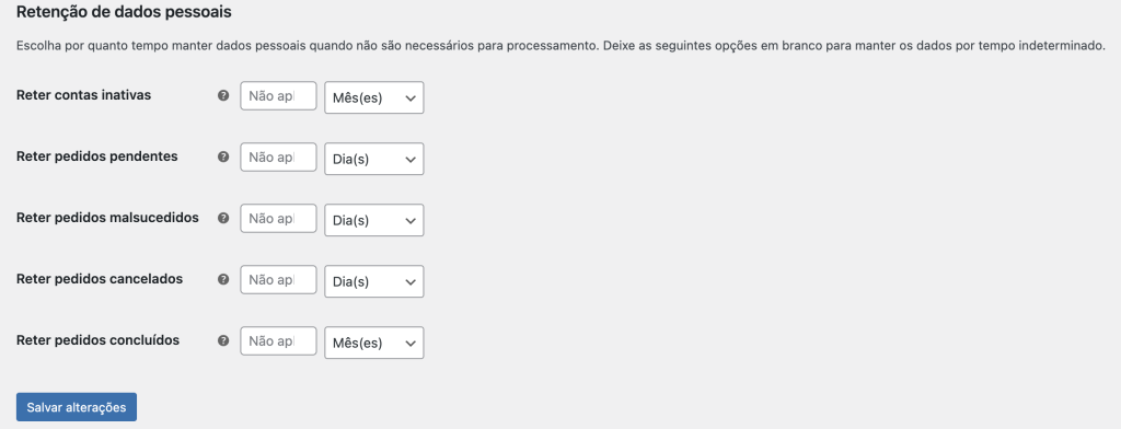 retenção de dados pessoais configuração woocommerce