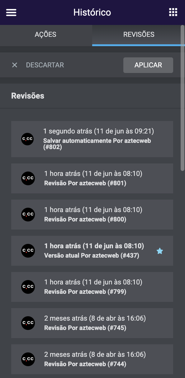 aba revisões do histórico do elementor, versões mais antigas