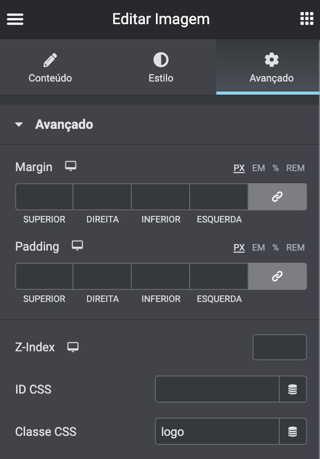tela de edição do widget de imagem para adicionar classe css logo