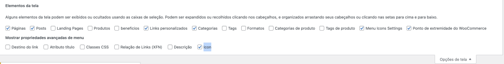 elementos da tela em opções de tela menu