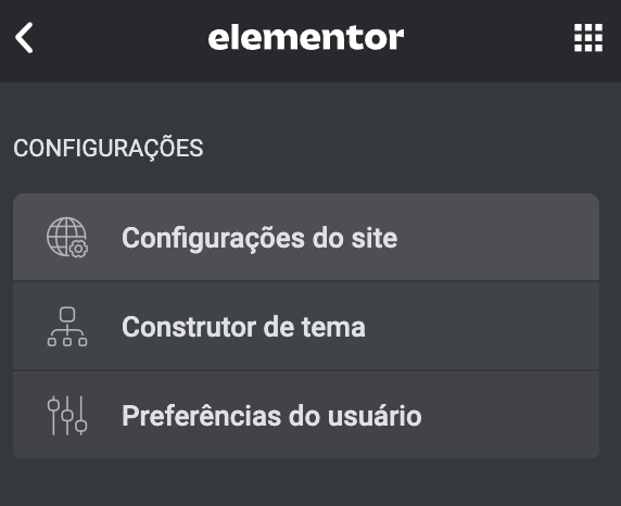 configurações so site, opção do Elementor