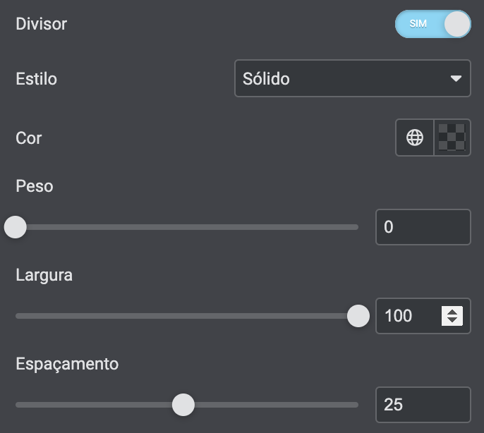 configuração do divisor da tabela