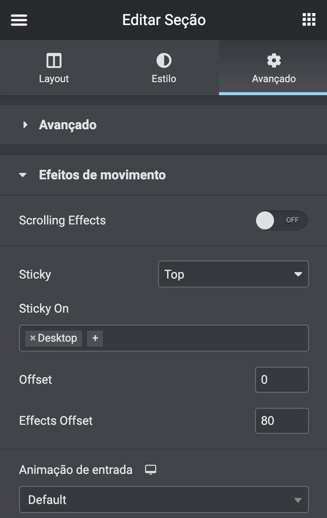 efeitos de movimento, deixar sticky header fixo no topo