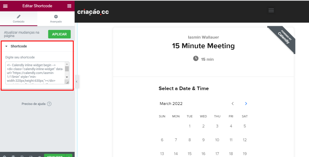 shortcode no elementor para inserir o calendly