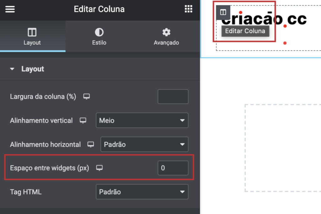 demonstração de edição da coluna dos logos para zerar espaço entre widgets