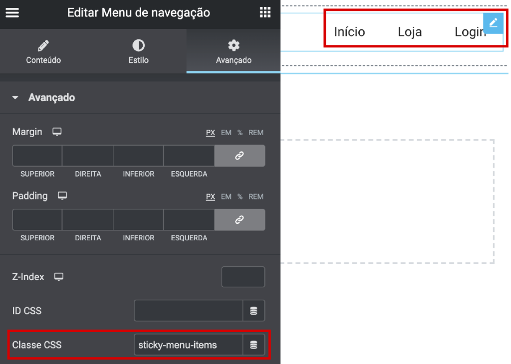 demonstração de editor da imagem no elementor para adicionar a classe css dos itens do menu