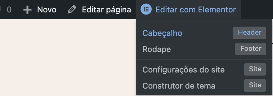 editar com elementor, cabeçalho, função acessada pelo topo das páginas