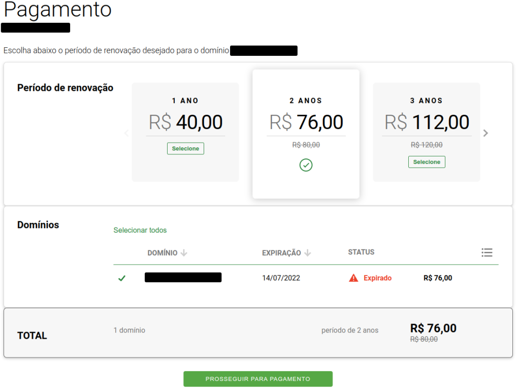 área de pagamento da Registro.br