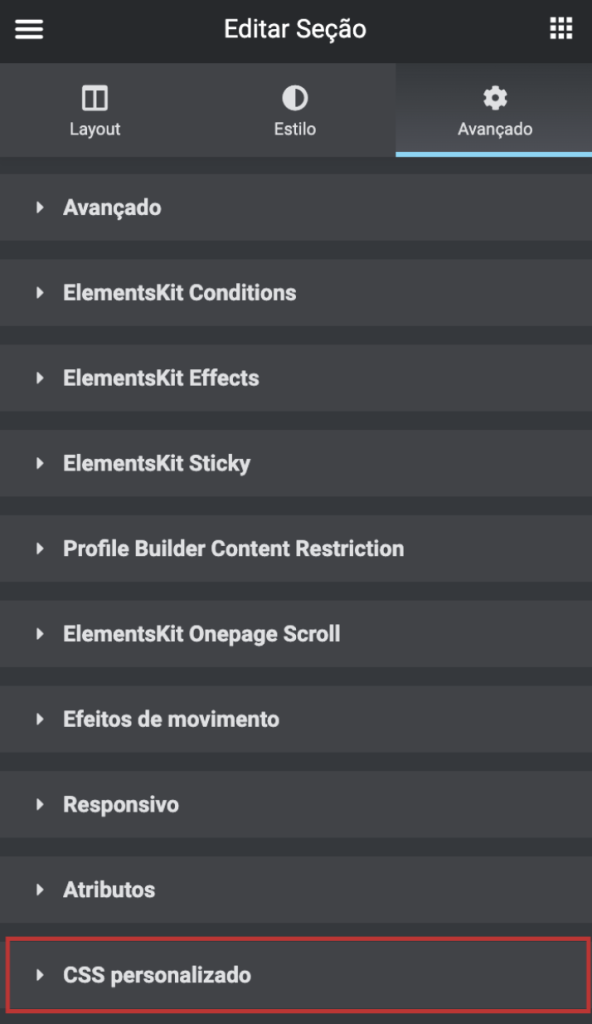 tela aba avançado css personalizado do editor do elementor