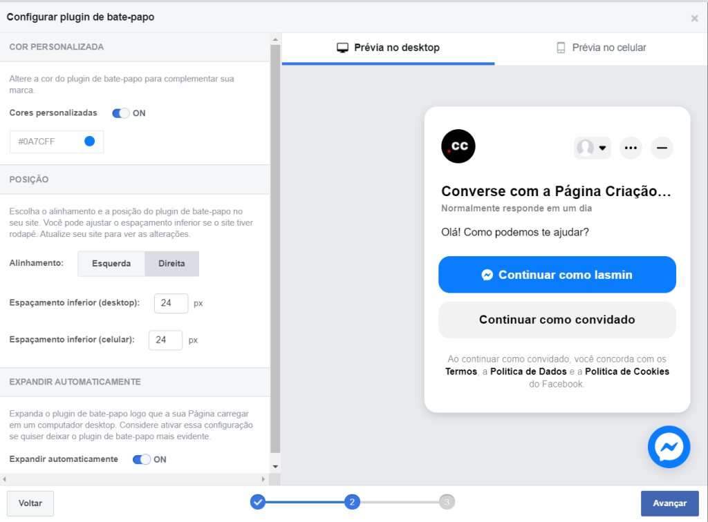 configurações messenger