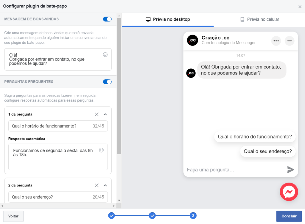 configurações messenger