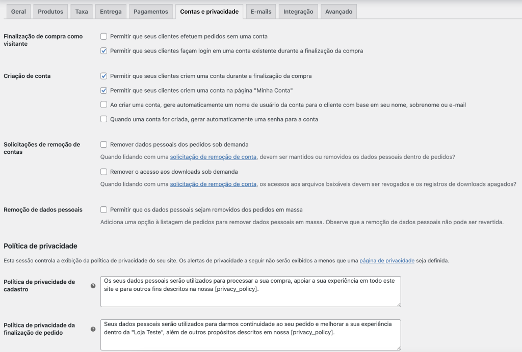 contas e privacidades login configurações