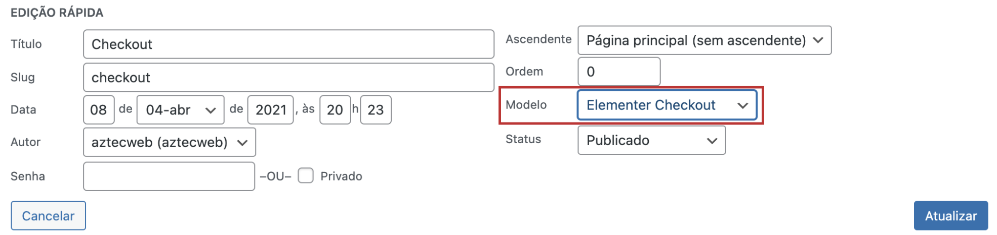 escolha do modelo elementor checkout