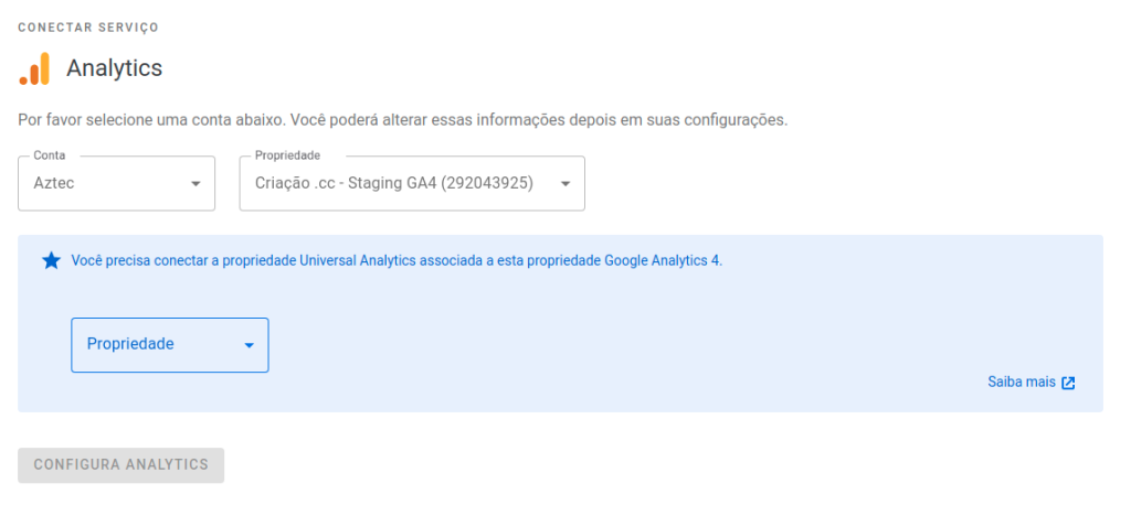 caixa de seleção de conta e de propriedades do Google Analytics