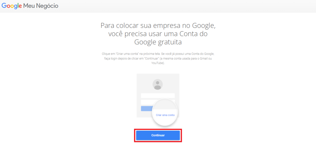 área de entrada do Google Meu Negócio