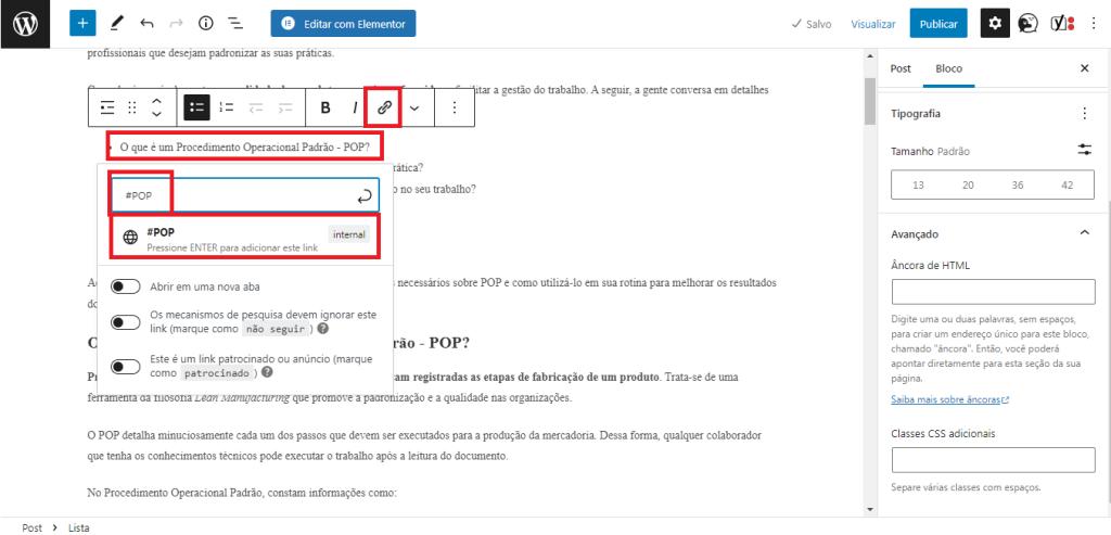 inserção da âncora de HTML no sumário WordPress