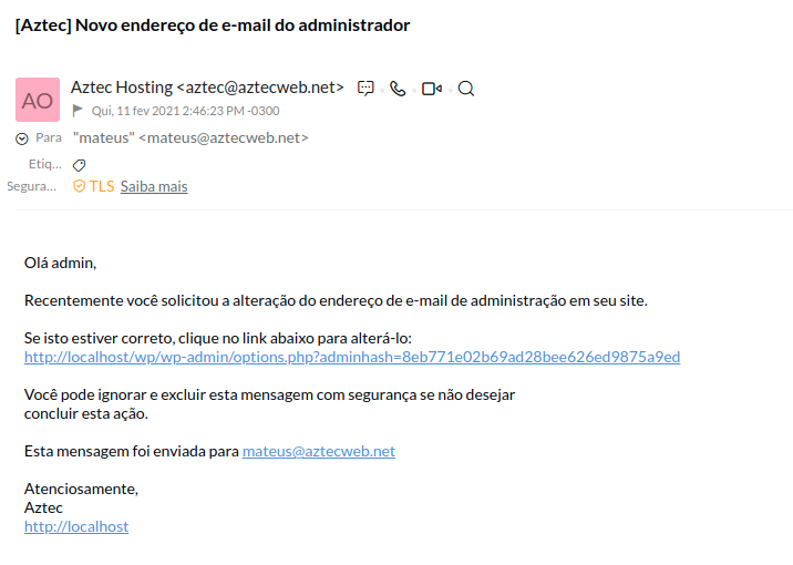 alteração no e-mail de administração