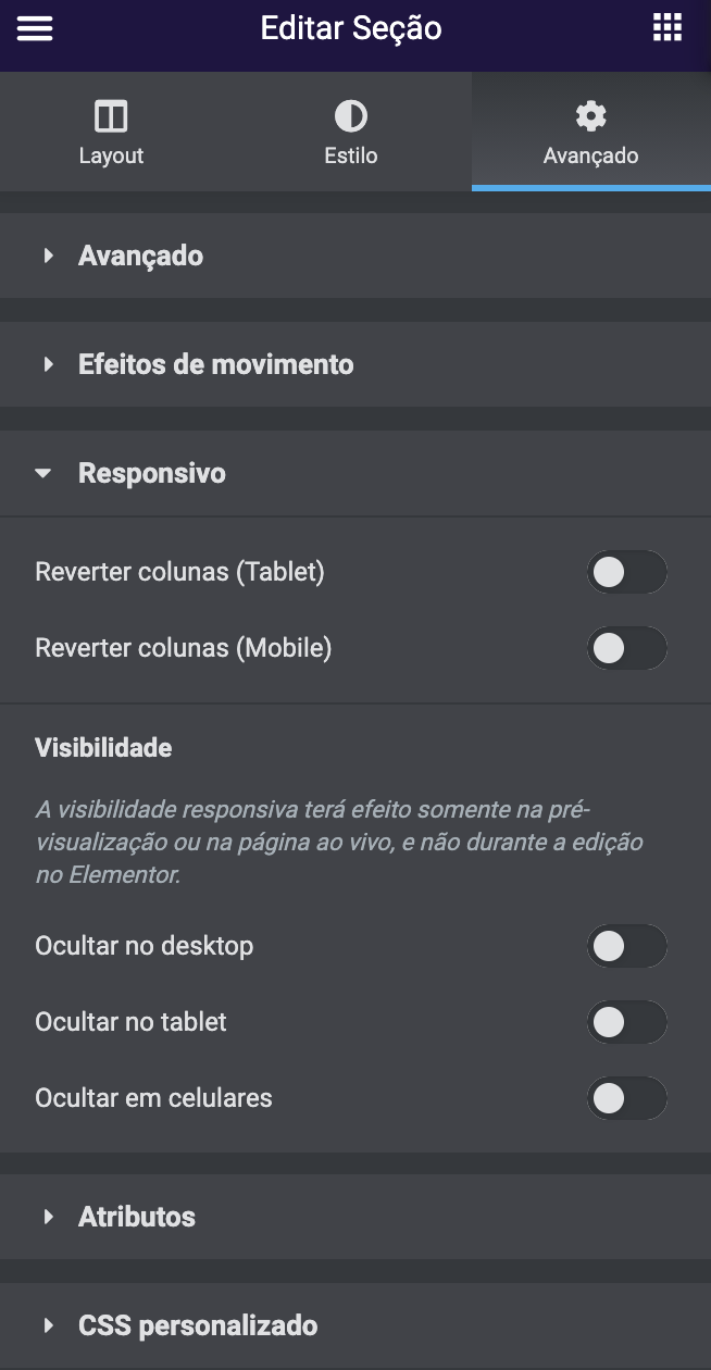 editar seção responsivo