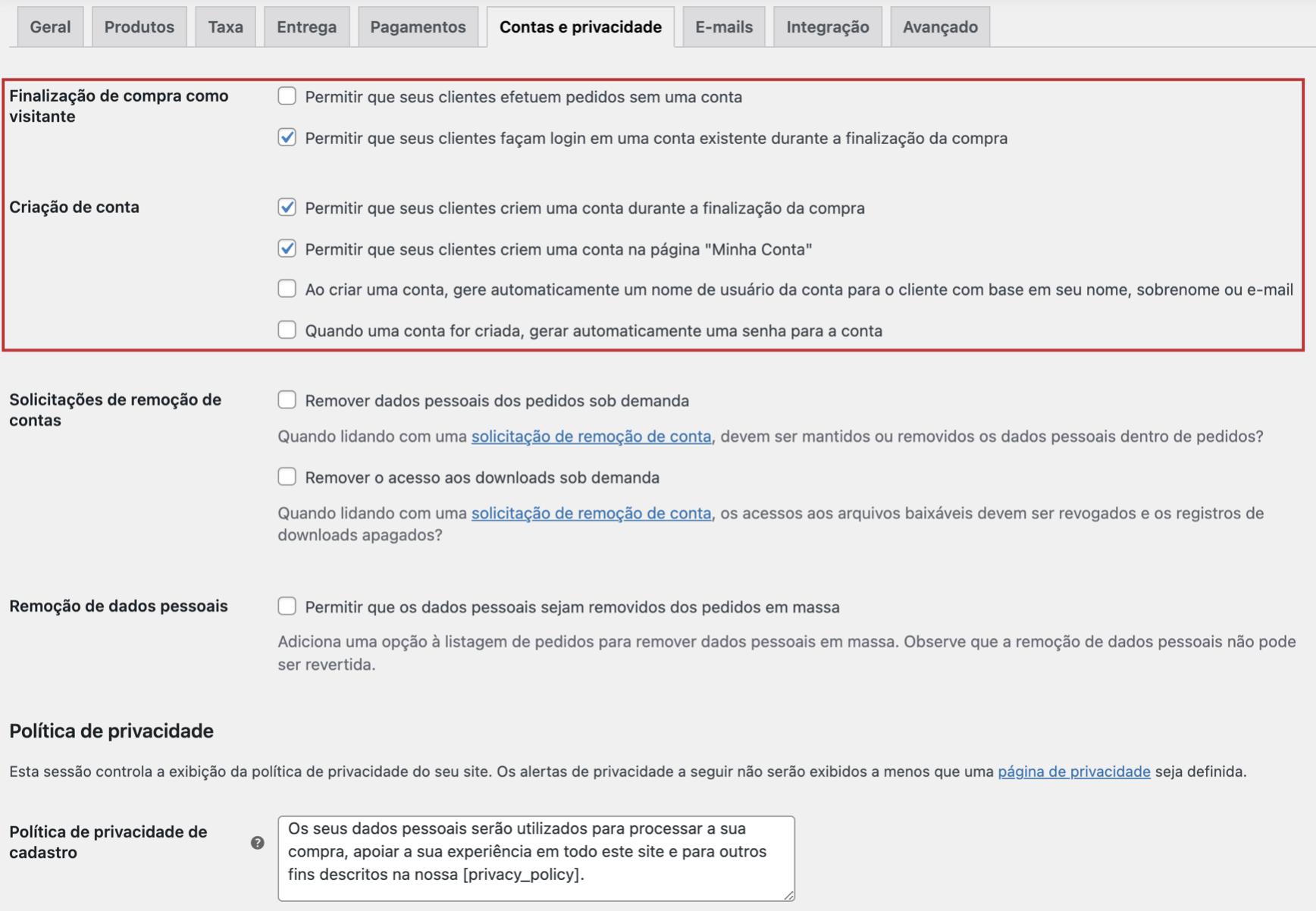 tela de contas e privacidade das configurações do woocommerce