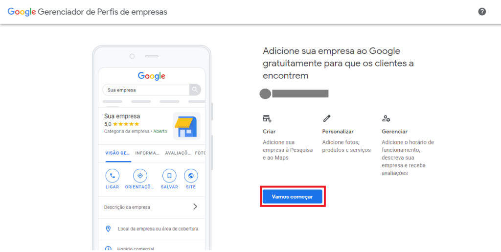 área de entrada para o Google Meu Negócio