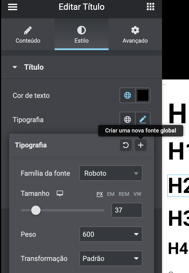 criação de uma nova fonte global utilizando elemento de título no editor