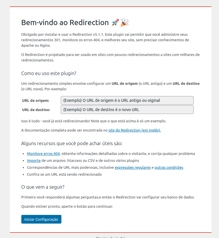 Tela de introdução explicando sobre o plugin Redirection.