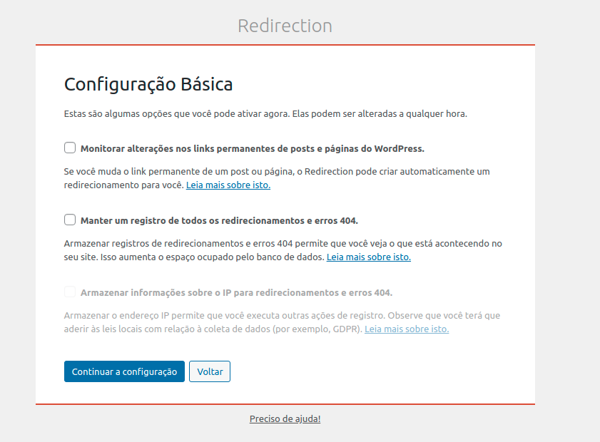 Configurações básicas sobre o plugin Redirection.