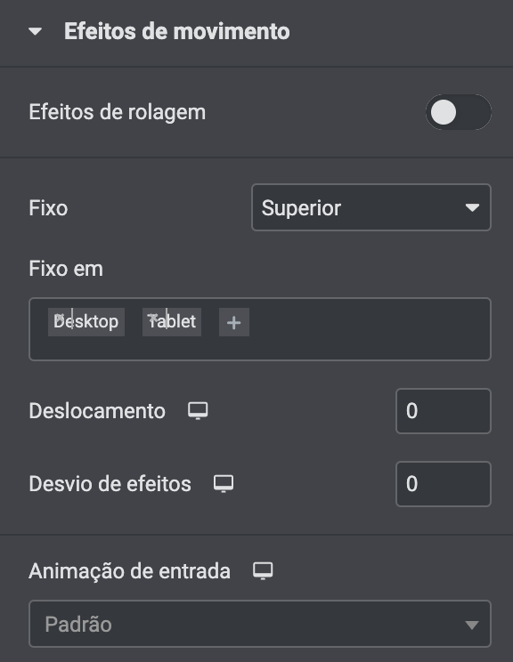 efeitos de movimento na aba avançado