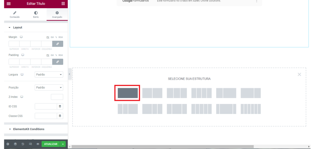 estrutura de seção Elementor