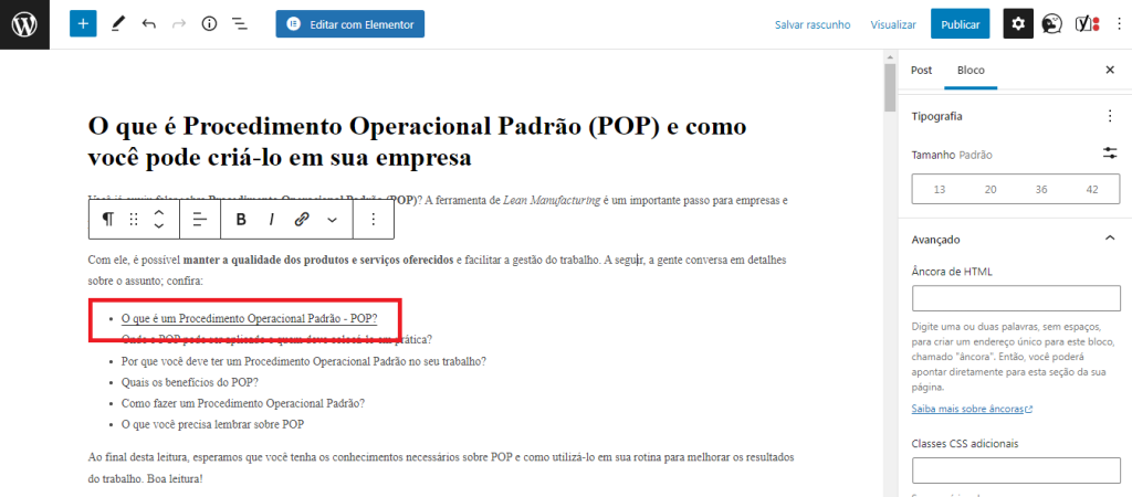 sumário WordPress com link interno