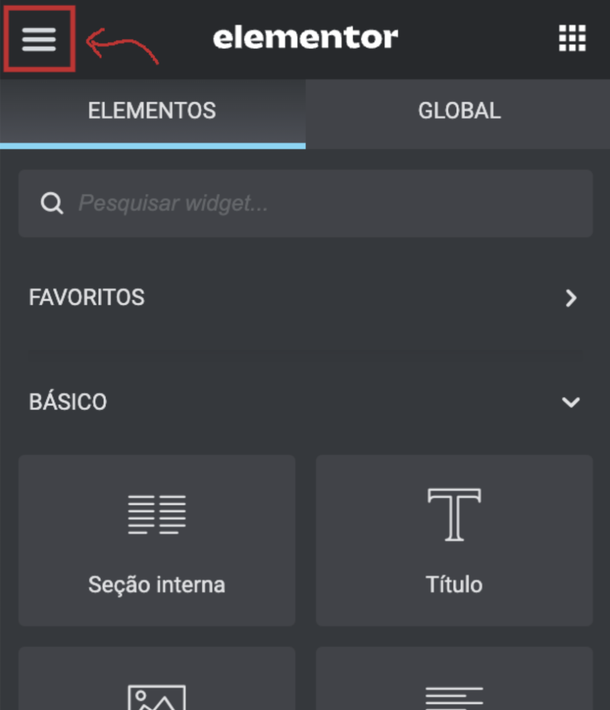 ícone de hambúrguer editar configurações elementor