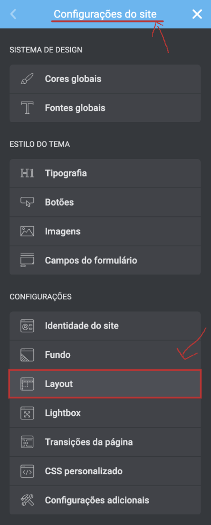 configurações do site de layout