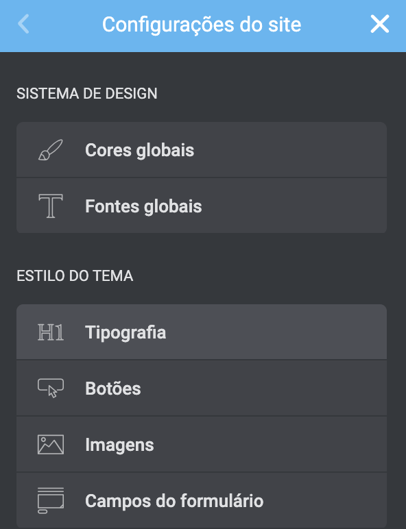 aplicação para páginas de texto denso mostrando dentro das configurações do site a opção Tipografia