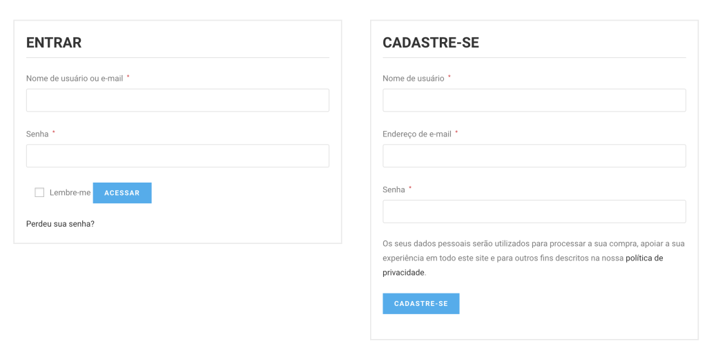 opção de login "Side by Side" woocommerce