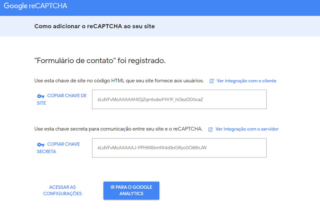 chaves do reCAPTCHA