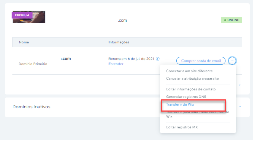 painel de domínio do Wix para transferencia