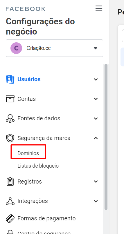 menu configurações de negócio