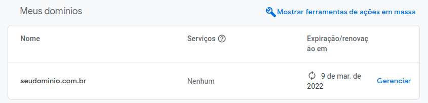 Seção de configuração Meus domínios, onde é possível gerenciar um domínio.