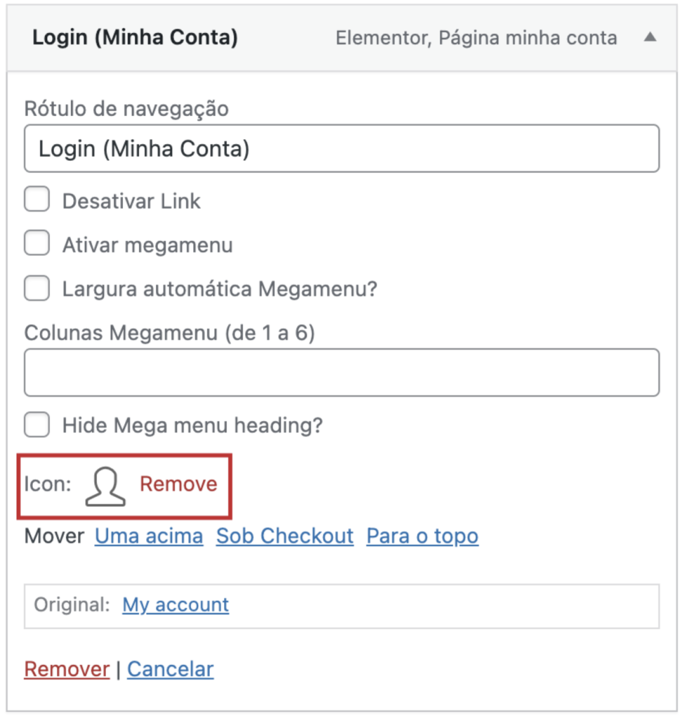 login minha conta configuração menu wordpress