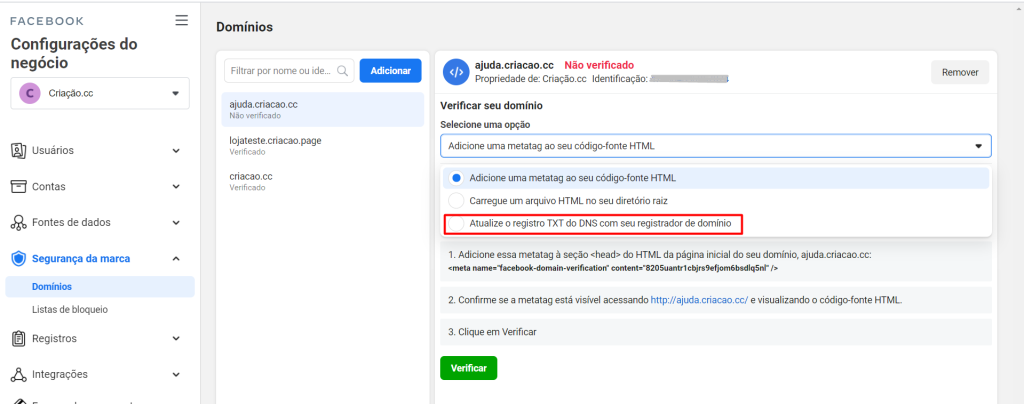 registro TXT do DNS